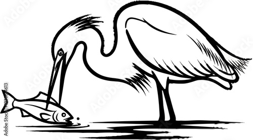 Stylized sketch of a heron catching a fish at the water's edge