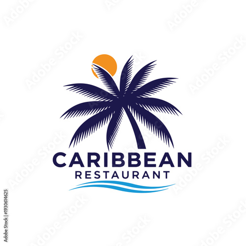 Caribbean Restaurant Logo Featuring Palm Tree and Sun Symbol.