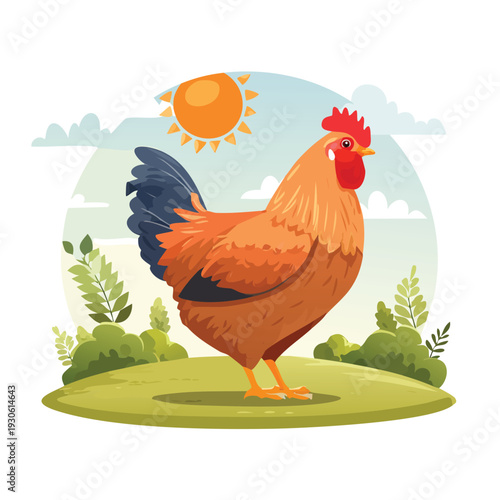 Colorful rooster on a sunny day cartoon illustration