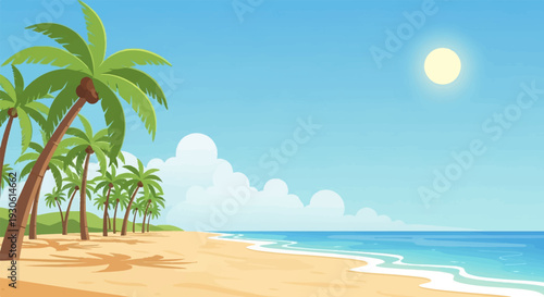 Sunny tropical beach with palm trees and gentle waves under a clear blue sky