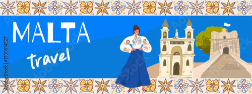 Malta travel; banner horizontal, travel around Europe, Flyer, invitation, sticker, banner. Vector hand drawn illustration.
