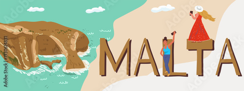 Malta text, travel around Europe, Flyer, invitation, sticker, banner. Vector hand drawn illustration.
