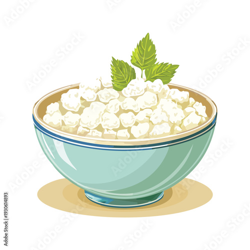 Cottage cheese with mint in a bowl isolated on white
