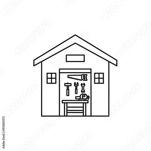 Minimalist House Structure with Tools and Workbench in a Simplified Illustration