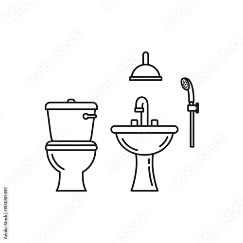 Minimalist Line Art Bathroom Fixtures including Toilet Sink and Shower Head