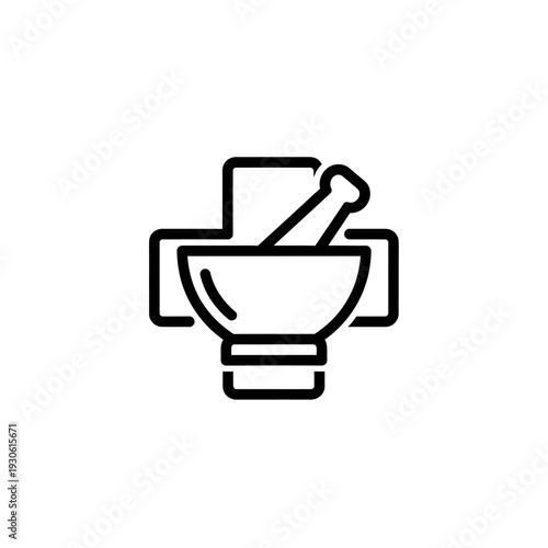 Minimalist Line Art Icon of Mortar and Pestle for Pharmacology and Medicine