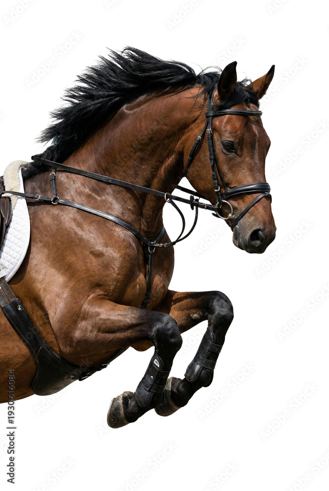 Obraz premium Brown Horse Jumping with Bridle and Saddle Isolated on White