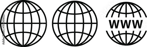 Global Internet Globe Icon Set with World Wide Web Symbol and Grid Earth Line Design for Website, Network, Technology and Digital Communication Concepts