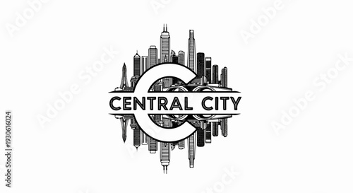 Stylized sketch of a modern city skyline within a split circle
