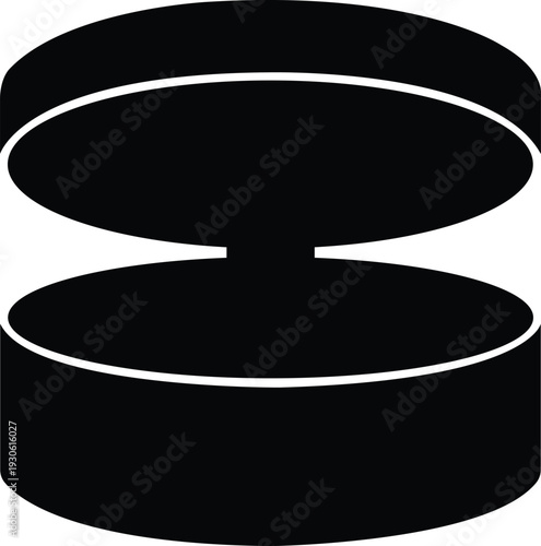 Minimalist black and white vector icon of an open circular gift or jewelry box. Clean silhouette isolated on white, ideal for packaging design, luxury branding, or storage symbols.