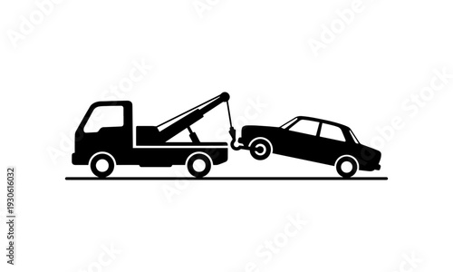 A minimalist black silhouette illustration of a recovery tow truck towing a sedan car, ideal for roadside assistance and automotive service concepts.