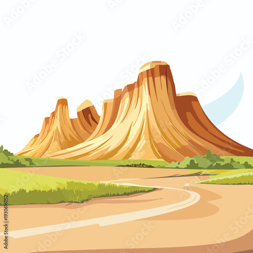 Desert landscape illustration with sandstone formation and road
