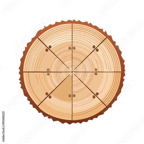 Cross section of tree trunk with radial lines and wooden pegs