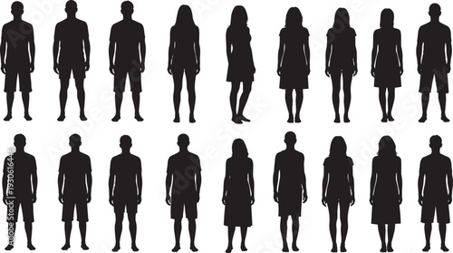"Silhouettes of diverse male and female human figures standing upright in rows, representing gender, posture, and shape for design, study, and visual identification purposes"