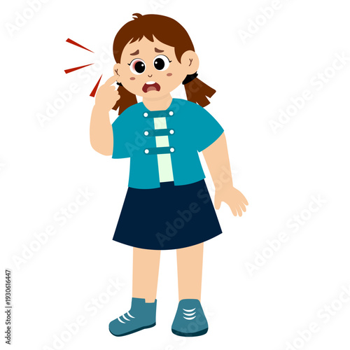Cute little kid pointing at his sore eye. Eye pain theme. Vector illustration