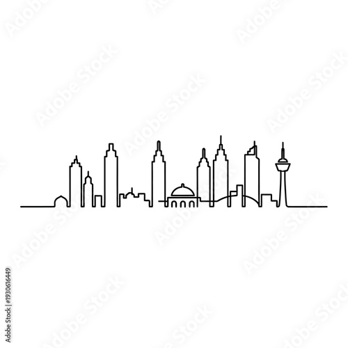 Minimalist Line Art of City Skyline with Tower and Skyscrapers in Continuous Stroke
