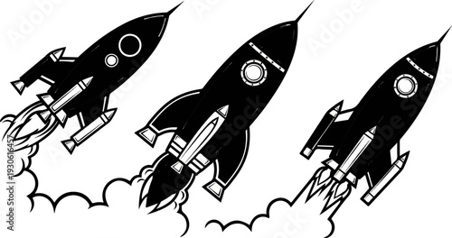 Three retro-style rockets blast off with fiery exhaust