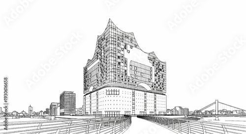 Stylized sketch of a modern concert hall and city skyline