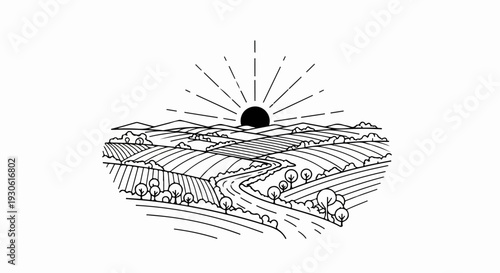 Sunrise over rolling agricultural fields divided by a winding river and trees