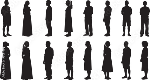 Silhouettes of diverse individuals in profile view wearing varied clothing styles including dresses, pants, and shorts, representing fashion, posture, identity, and cultural diversity concepts.