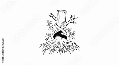 Stylized tree stump embraced by intertwining vines and roots