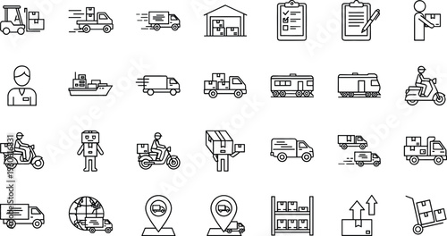 Logistics and Supply Chain Line Icon Collection Featuring Delivery Trucks, Warehouse, Cargo Vehicles, Courier Services, Inventory, and Transportation Outline Graphics