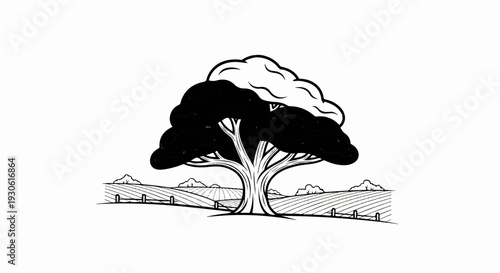 Stylized tree with a lush canopy above a fenced rural landscape