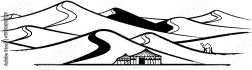 Stylized desert landscape with dunes, a tent, and a camel