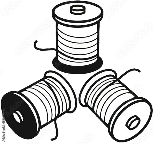 Three spools of thread arranged in a triangular pattern, black and white illustration