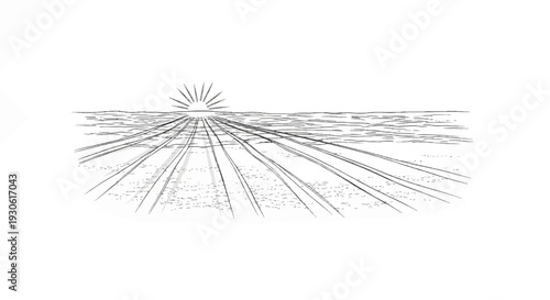 Stylized sketch of a sunrise over water with converging lines leading to the horizon