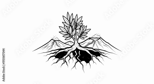 Stylized tree with prominent roots grows between two conical mountains