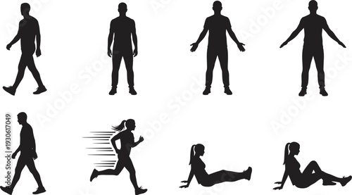 Silhouettes of people in various poses and movements including walking, running, standing, and sitting, representing human posture, fitness, biomechanics, and physical activity concepts.