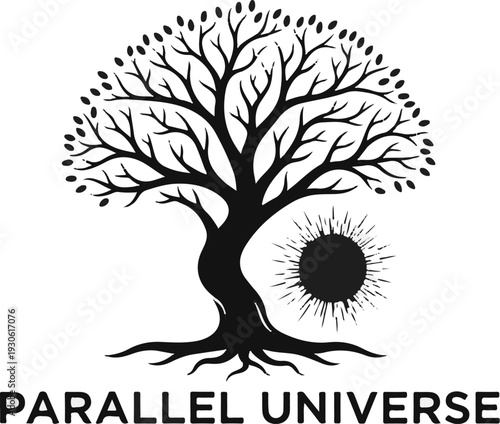 Stylized tree with sun and text "PARALLEL UNIVERSE" below