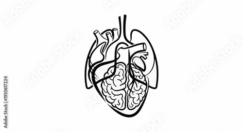 Stylized outline of human lungs and brain integrated with heart anatomy