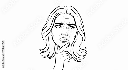 Thoughtful woman's face with finger on chin, worried expression