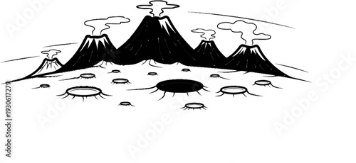 Stylized sketch of a volcanic landscape with smoking peaks and craters