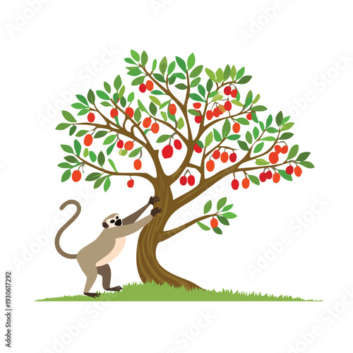 Cartoon monkey reaching for fruit in a tree