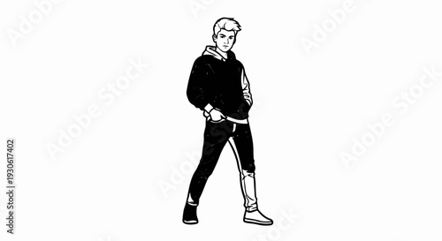 Stylized sketch of a young man in a hooded sweatshirt and jeans