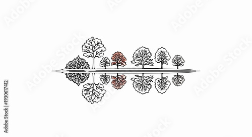 Stylized trees reflected in water, with one tree in autumnal color
