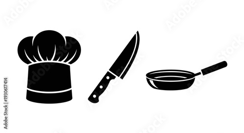 Chef's hat, kitchen knife, and frying pan for culinary arts