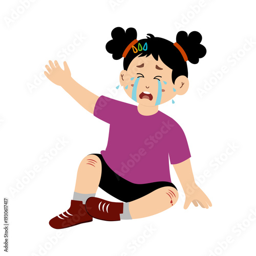 Cute little kid is crying because he fell and injured his leg, hand, and forehead. Vector illustration.