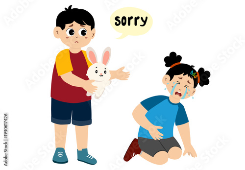 Cute little kid apologizing, vector illustration. Little kid saying sorry