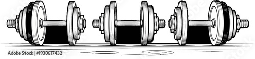 Three adjustable barbells arranged on a flat surface, detailed sketch