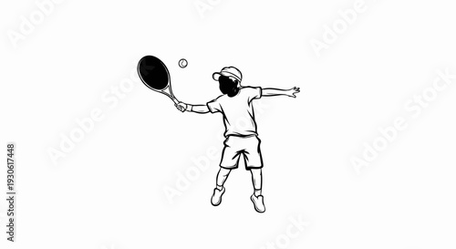 Stylized sketch of a young person playing tennis with racket and ball