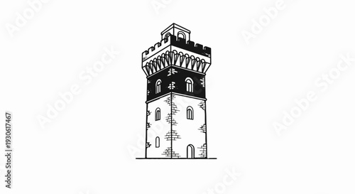 Stylized stone tower with crenellated top and arched windows