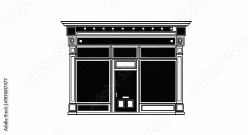 Stylized storefront facade with large display windows and ornate molding
