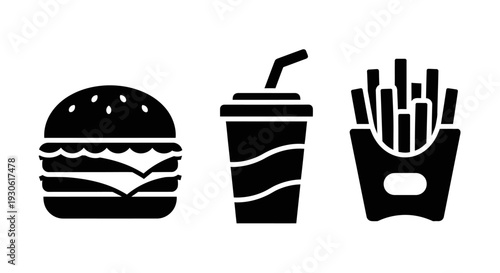 Fast food icons set including burger, drink, and fries