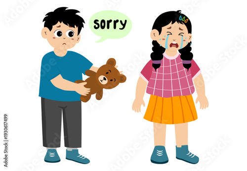 Cute little kid apologizing, vector illustration. Little kid saying sorry