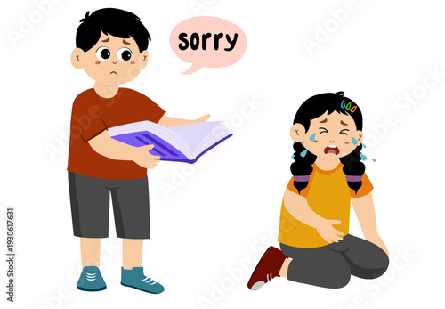 Cute little kid apologizing, vector illustration. Little kid saying sorry