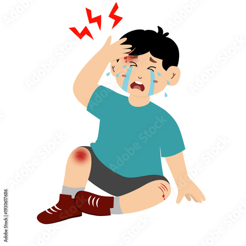 Cute little kid is crying because he fell and injured his leg, hand, and forehead. Vector illustration.